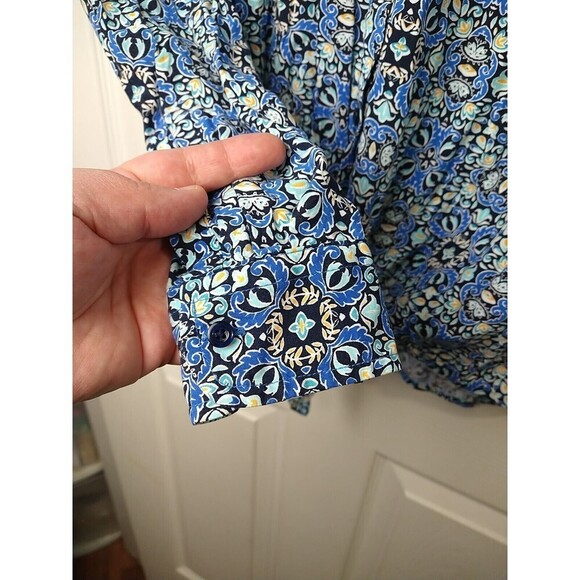Talbots Blue Artsy Tie Collared Button Front Roll Tab Sleeve Blouse. Size MP - Picture 7 of 10